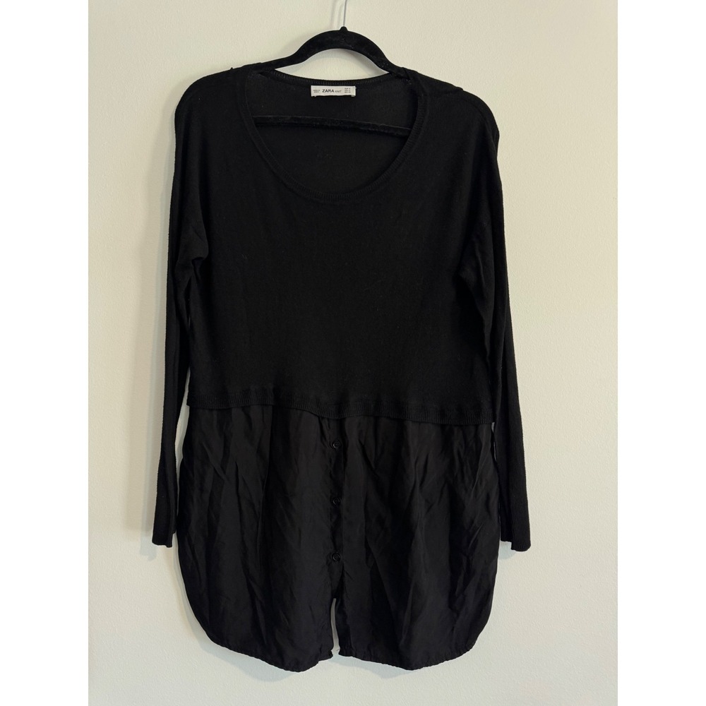 Zara Knit Mixed Media Tunic Sweater Womens Medium Black Button Dark academia